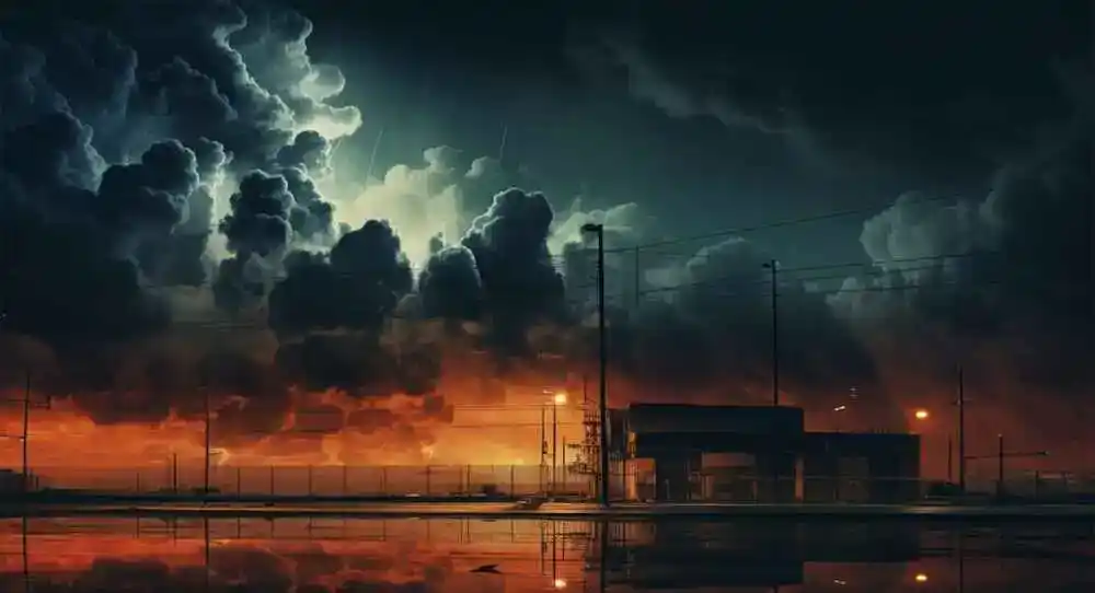 Ein Haus unter dunklen Wolken