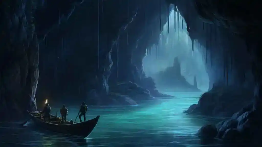 Drei Menschen in einem Boot in einer Höhle