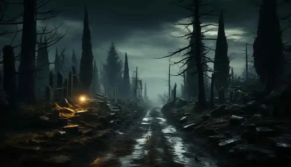 Ein dunkler Wald mit einem Licht