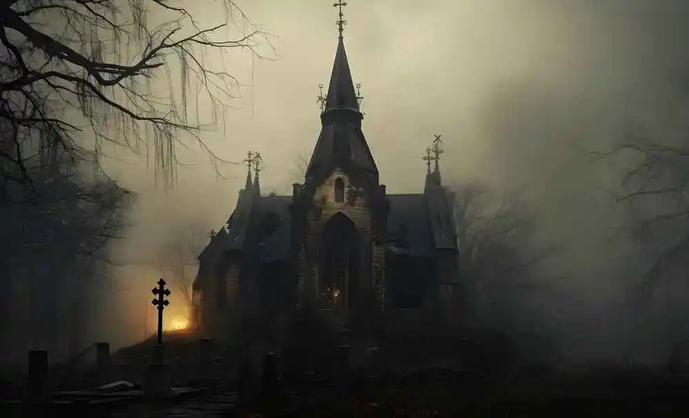 Eine unheimliche Kirche in der Dunkelheit