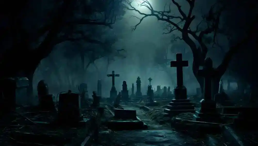 Ein unheimlicher Friedhof bei Nacht