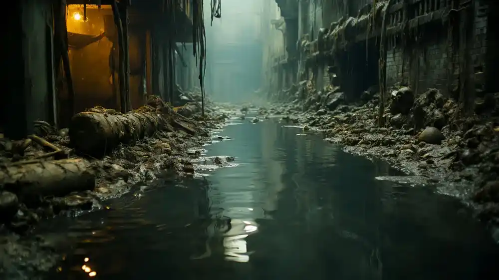 Eine Straße und Ruinen