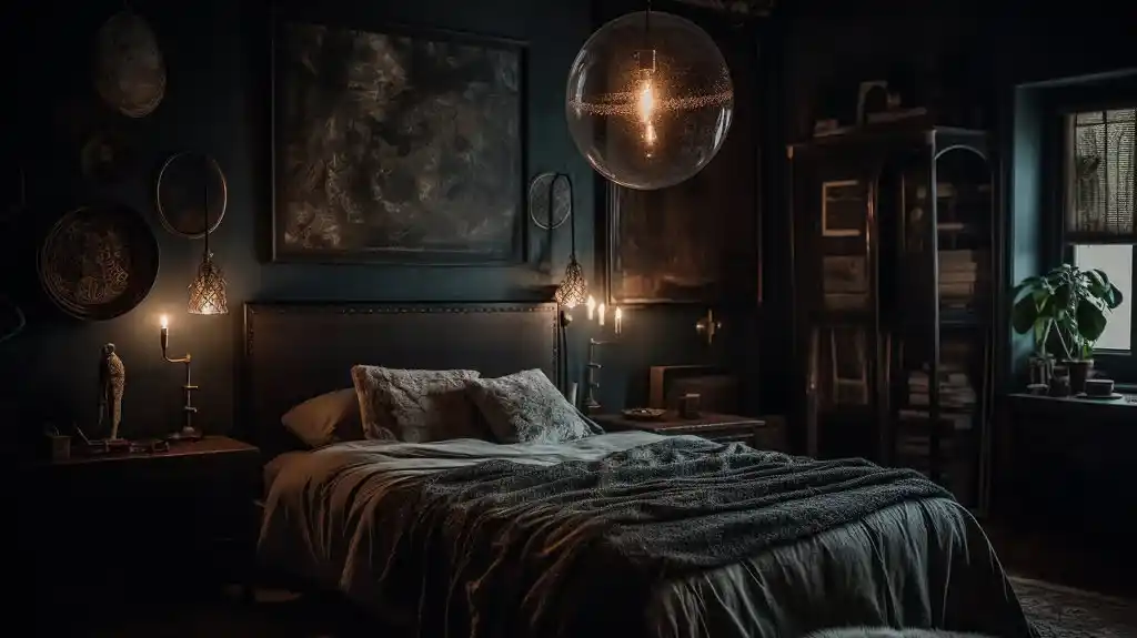 Ein von Lampen erhelltes Schlafzimmer
