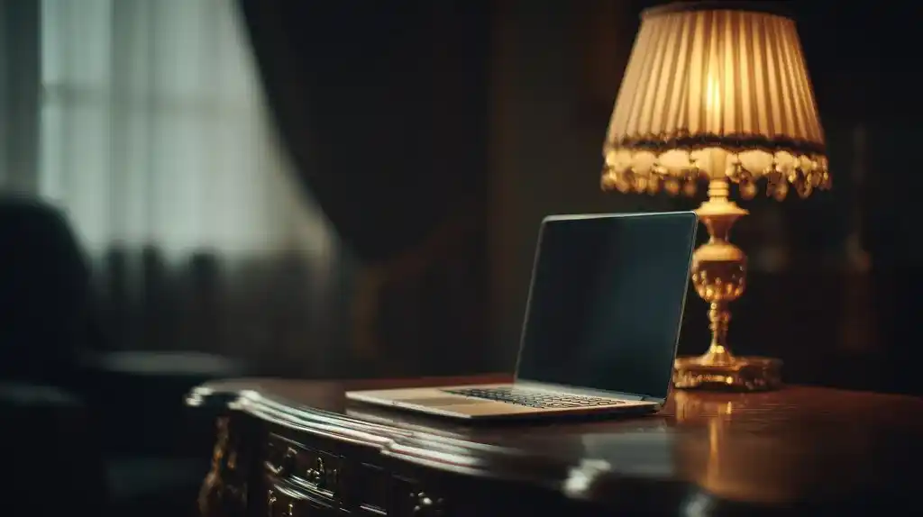 Der Beobachter im Fenster: Geister- Geschichte (4 Kapitel) Ein Tisch mit einem Laptop